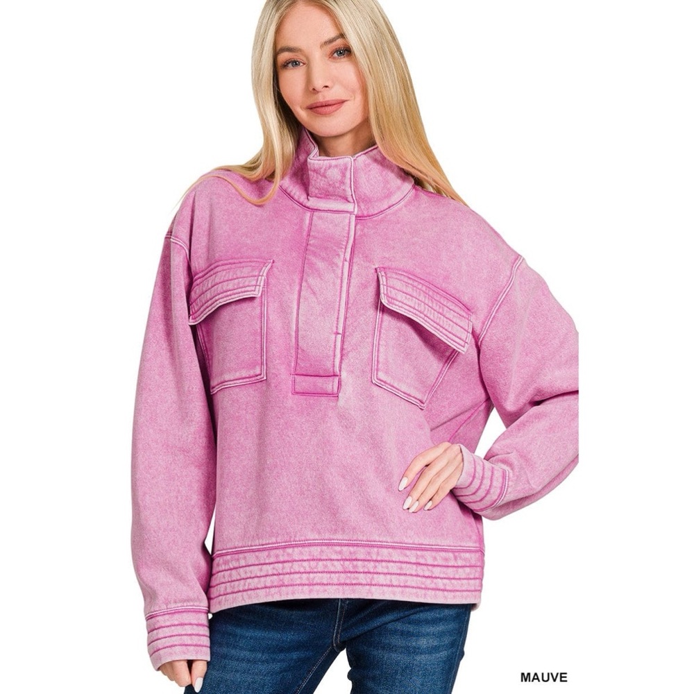 NWT Ladies Mauve Pink Acid Wash Half Snap Button Front Fleece Sweatshirt - SM MD